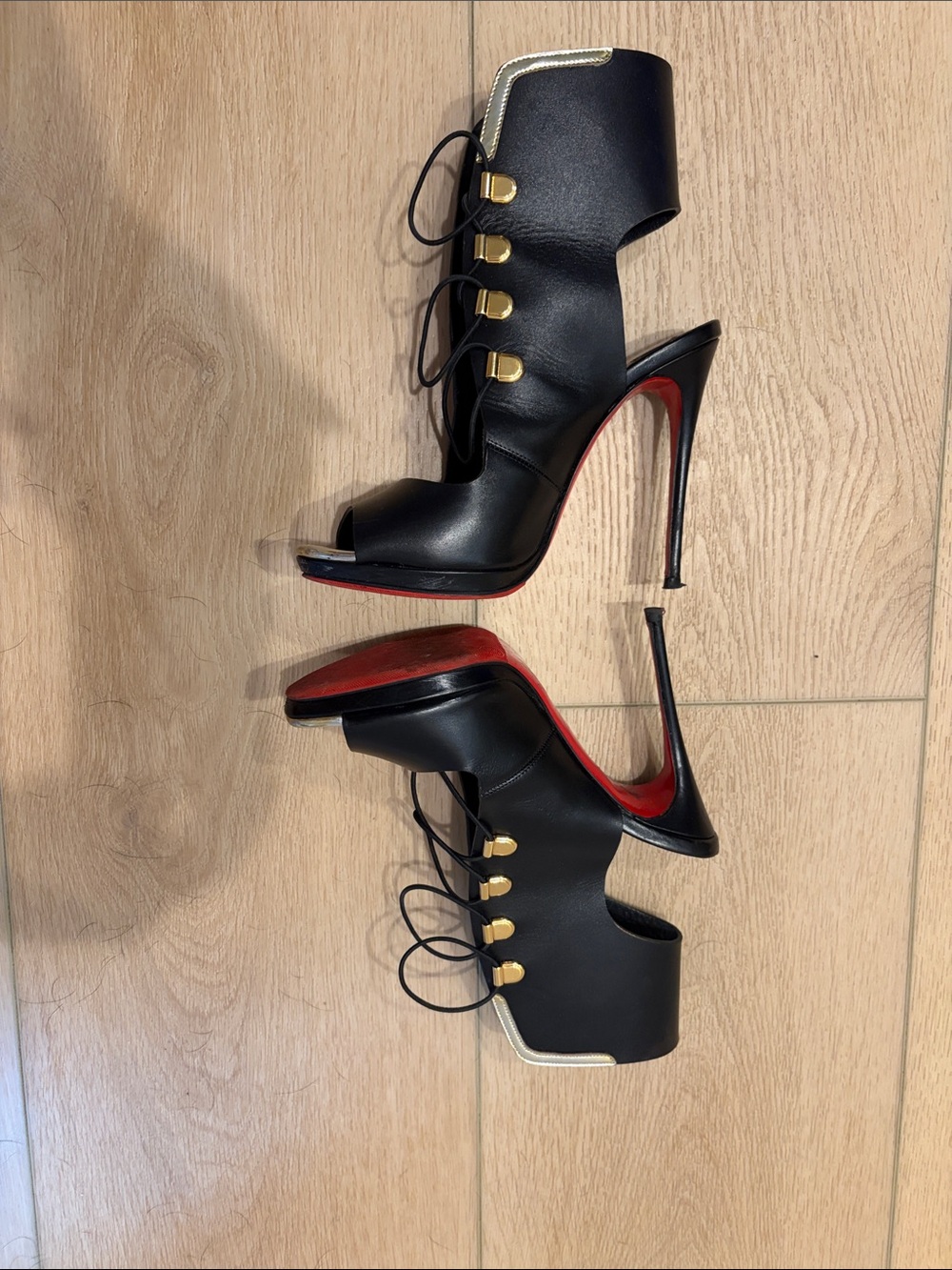 Christian Louboutin Black and Gold Open-Toe Lace-Up Booties - Picture 3 of 6